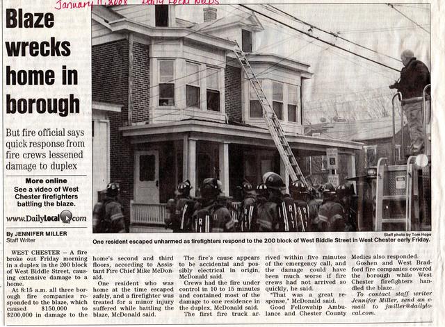 House Fire on W. Biddle Street in West Chester Borough.  January 2008.